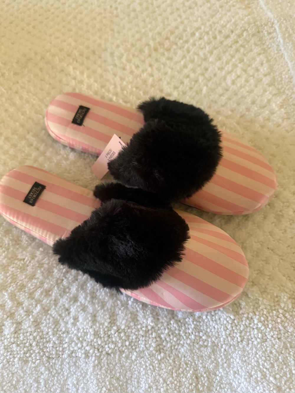 Victoria's Secret Pink Striped Slippers with Black Faux Fur